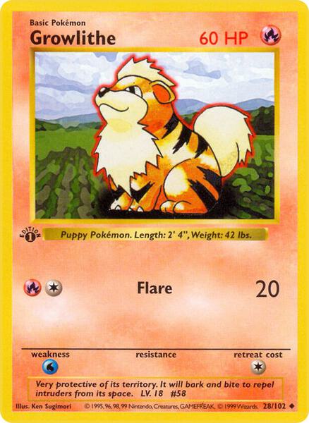 Growlithe - Base Set Shadowless - 1st Edition - Moderately Played (MP)