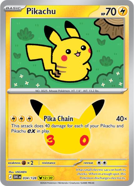 Pikachu - 034/128 - ME 30th Celebration - Holofoil - Near Mint (NM)