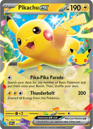 Pikachu ex - 053/128 - ME 30th Celebration - Holofoil - Near Mint (NM)