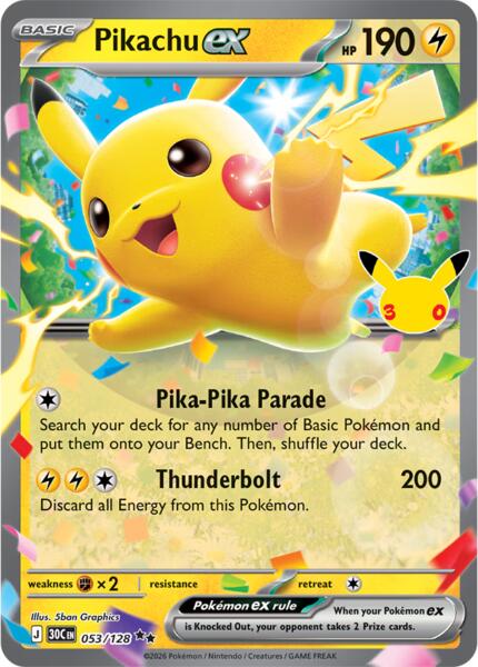 Pikachu ex - 053/128 - ME 30th Celebration - Holofoil - Near Mint (NM)