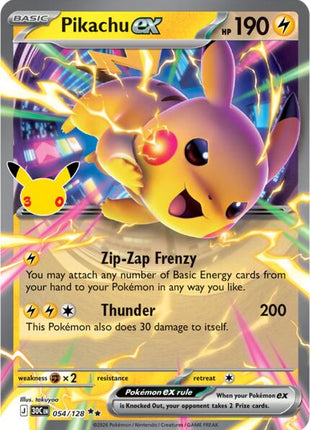 Pikachu ex - 054/128 - ME 30th Celebration - Holofoil - Near Mint (NM)