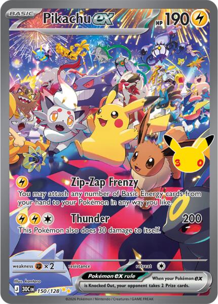 Pikachu ex - 150/128 - ME 30th Celebration - Holofoil - Near Mint (NM)